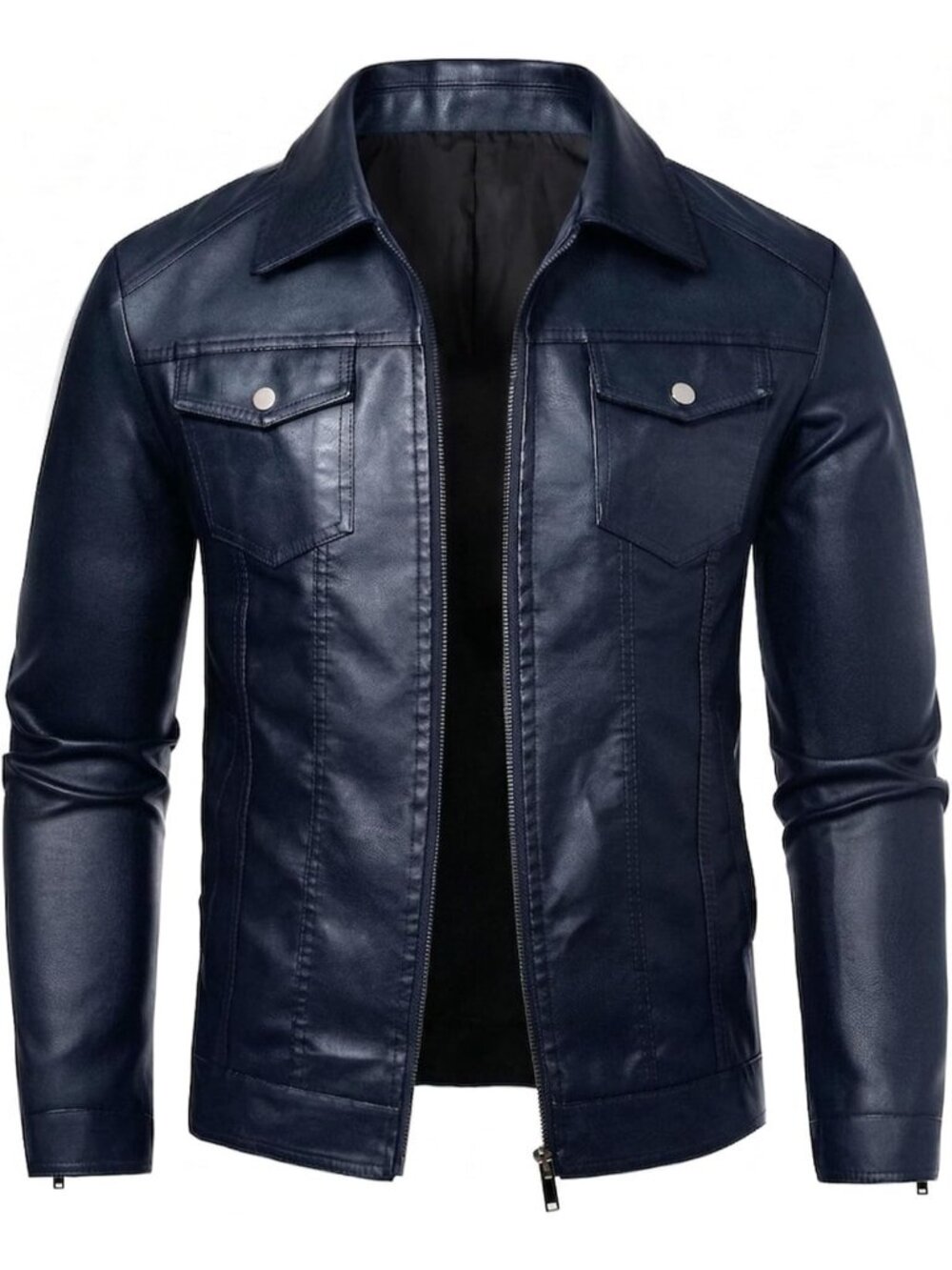 Men's Dark Blue Faux Leather Two Side Hand Pockets Motorcycle Biker Jacket